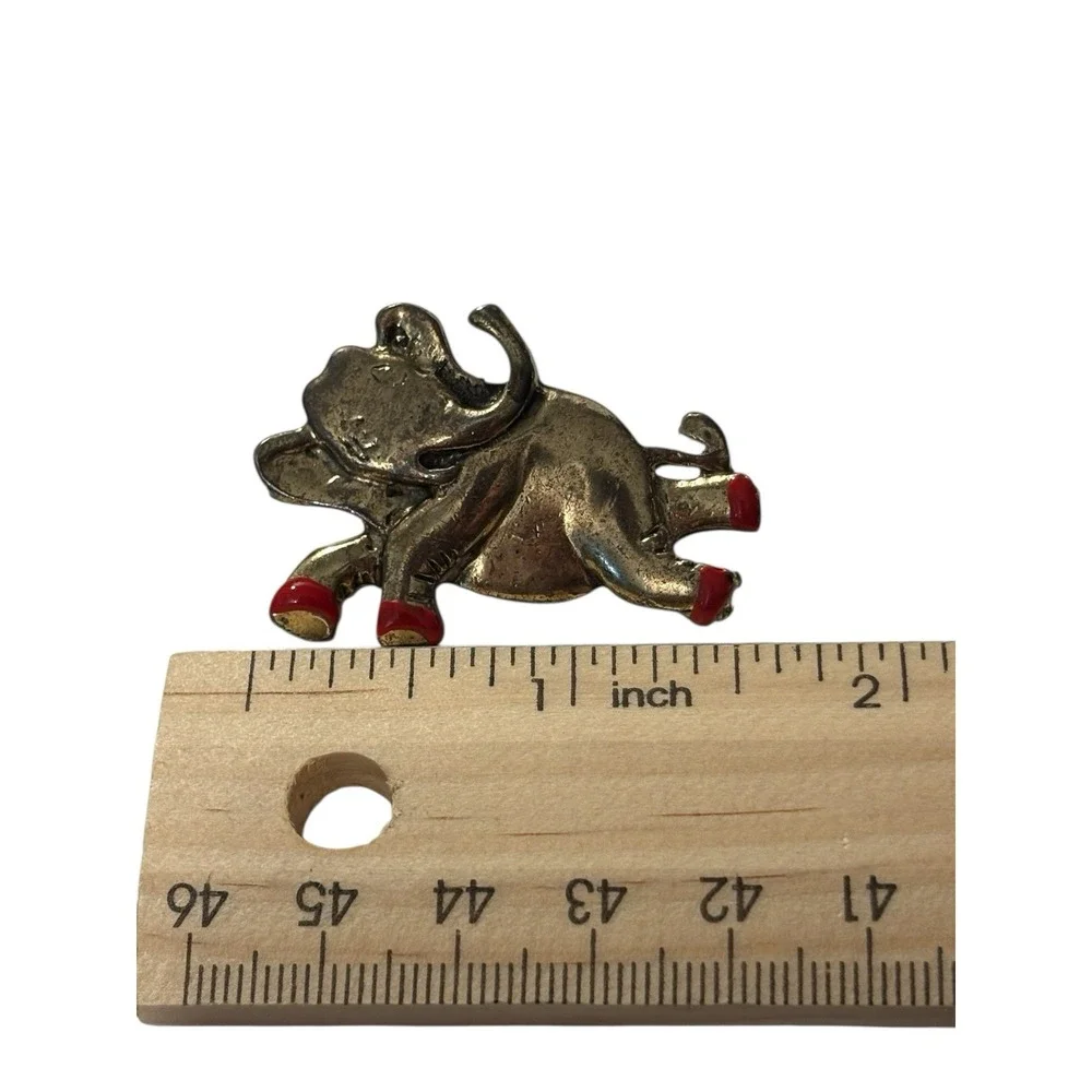 VTG Lazy Elephant Brooch Pin Gold Tone Red Enamel Shoes Figural Unique MCM Funny